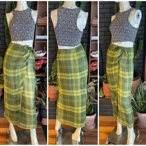 VTGz 100% Linen Green Plaid Wrap Around Maxi Skirt Size 8